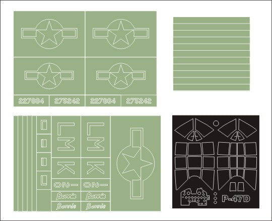 Republic P-47D Thunderbolt 'Razorback' canopy frame paint masks (inside and outside) + insignia and markings masks (designed to be used with Trumpeter kits)