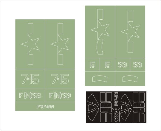 Grumman F6F-5N Hellcat canopy frame paint masks (inside and outside) insignia and markings masks (designed to be used with Trumpeter kits)