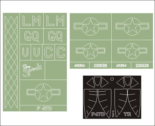 Republic P-47D Thunderbolt (BUBBLETOP) canopy frame paint masks (inside and outside) insignia and markings masks (designed to be used with Trumpeter kits)