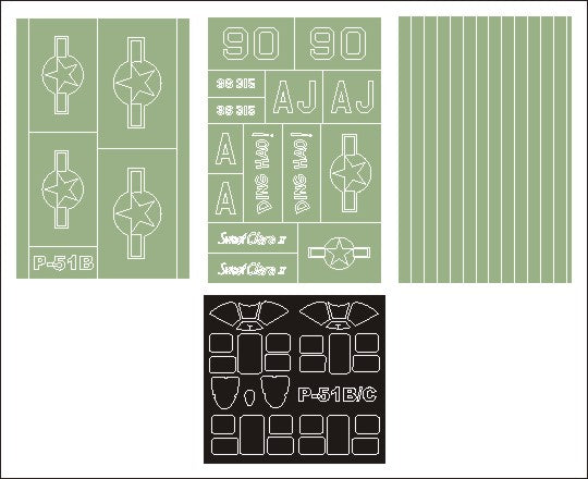 North-American P-51B Mustang canopy frame paint masks (inside and outside) + insignia and markings masks (designed to be used with Trumpeter kits)