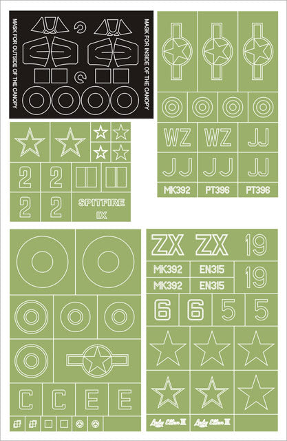 Supermarine Spitfire Mk.IX canopy frame paint masks (inside and outside) + insignia and markings masks (designed to be used with Pacific Coast Models kits)
