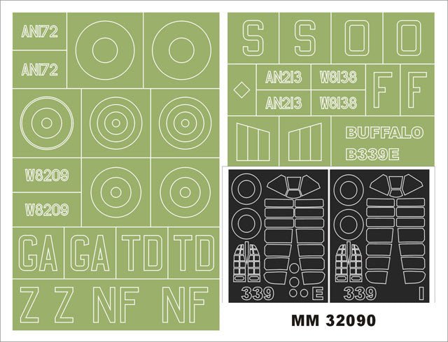 Brewster B-339 Buffalo (RAF) canopy frame paint masks (inside and outside) insignia and markings masks (designed to be used with Czech Model and Special Hobby kits) [B-239 B-339E F2A-2 F2A-3 Mk.I]
