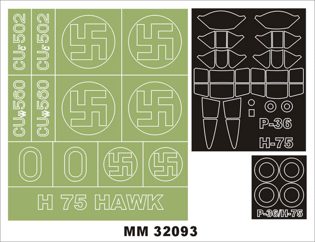 Curtiss-Hawk H-75 Hawk (Finland only for SH32016) 2 canopy frame paint masks (exterior and interior suitable for all versions) + insignia and markings masks (designed to be used with Special Hobby kits)[P-36 H-75A-4 H-75M]