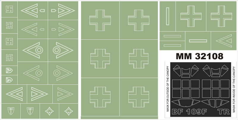 Messerschmitt Bf-109F-4 canopy frame paint masks (inside and outside) + insignia and markings masks (designed to be used with Trumpeter kits)
