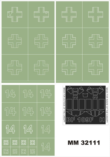 Messerschmitt Bf-109F-4 canopy frame paint masks (inside and outside) + insignia and markings masks (designed to be used with Hasegawa kits)