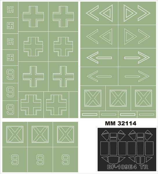 Messerschmitt Bf-109E-4 canopy frame paint masks (inside and outside) + insignia and markings masks (designed to be used with Trumpeter kits)
