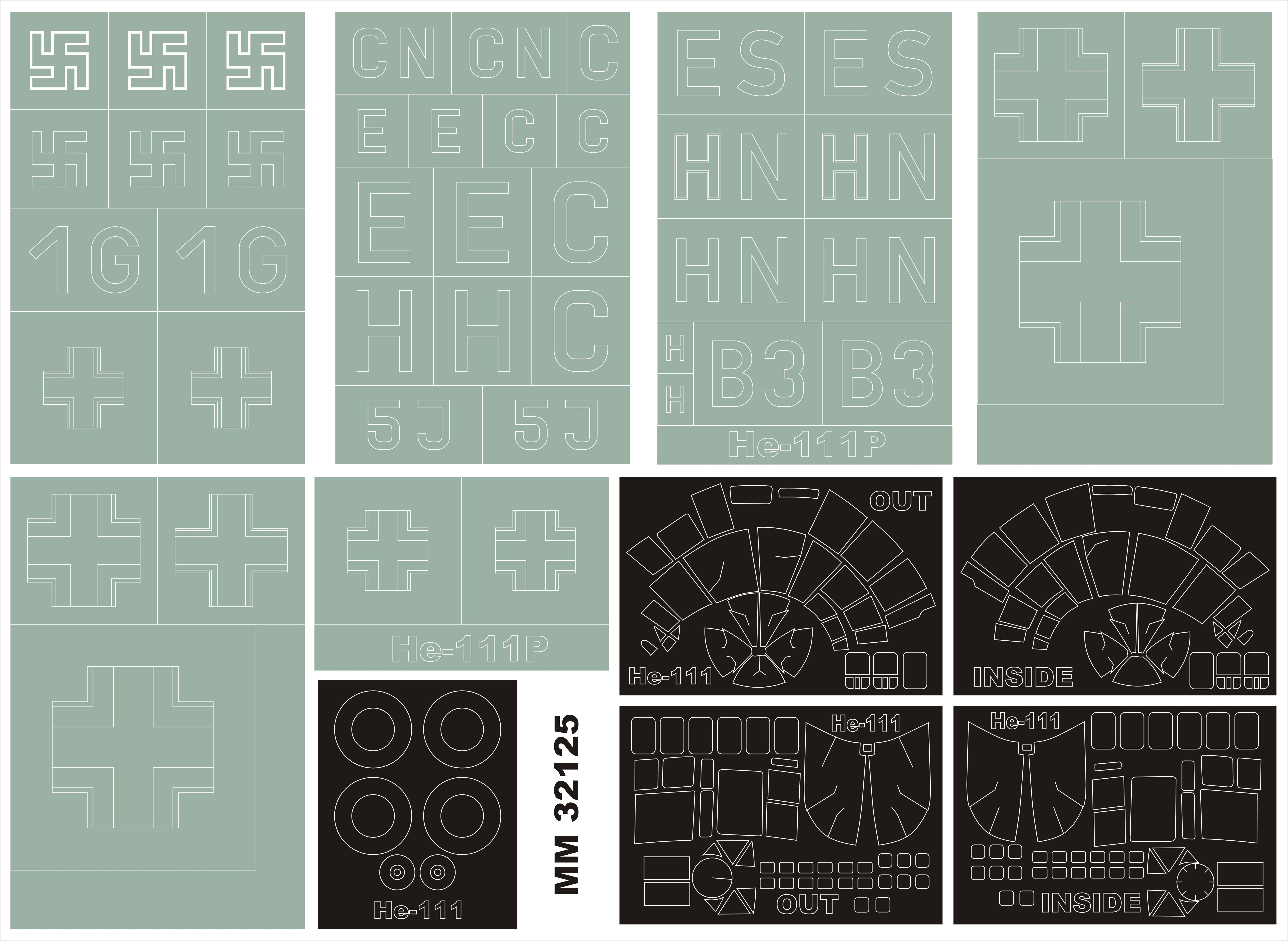 Heinkel He-111P canopy frame paint masks (inside and outside) + insignia and markings masks (designed to be used with Revell kits)