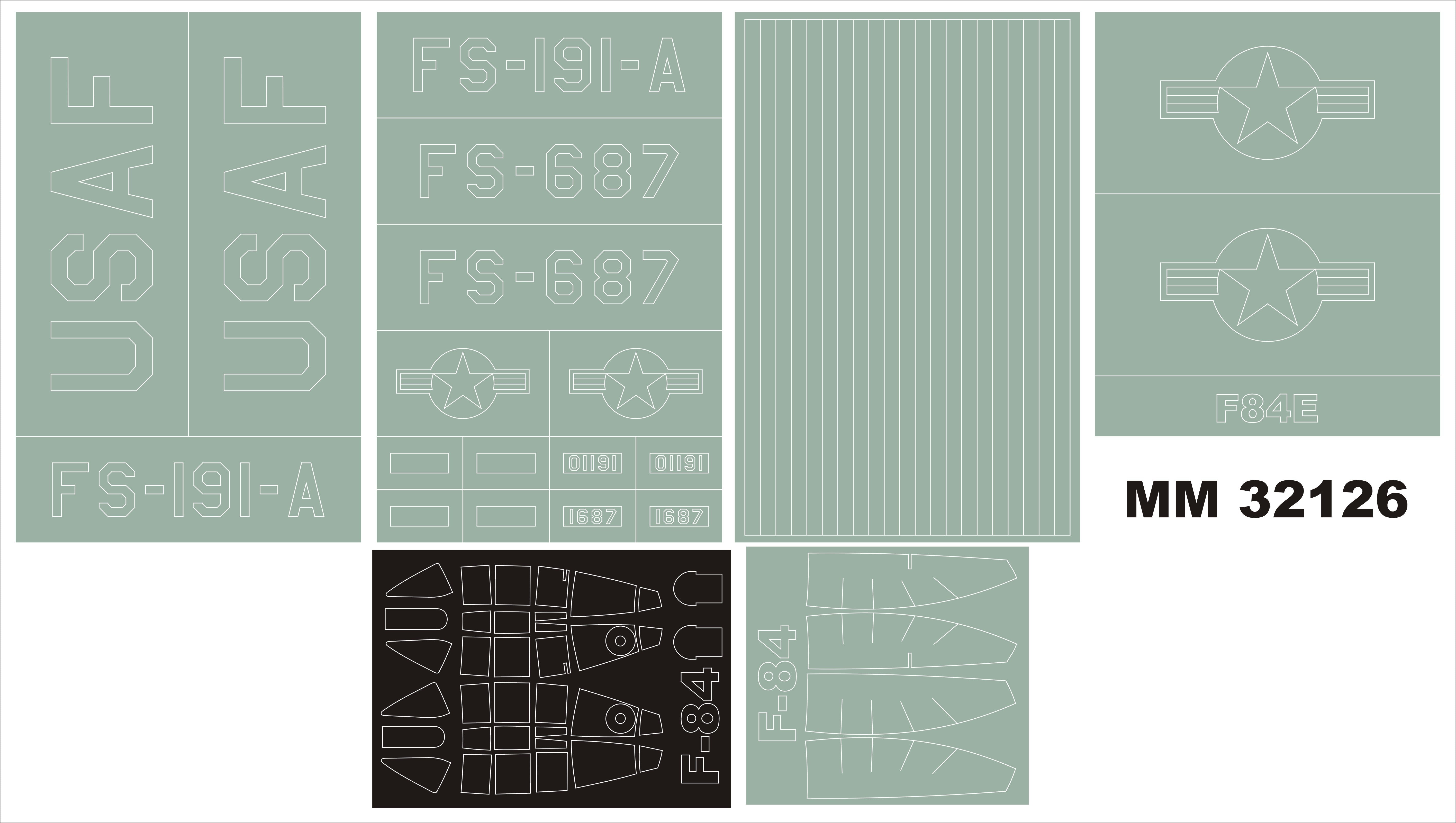 Republic F-84E Thunderjet canopy frame paint masks (inside and outside) + insignia and markings masks (designed to be used with Hobby Boss kits)