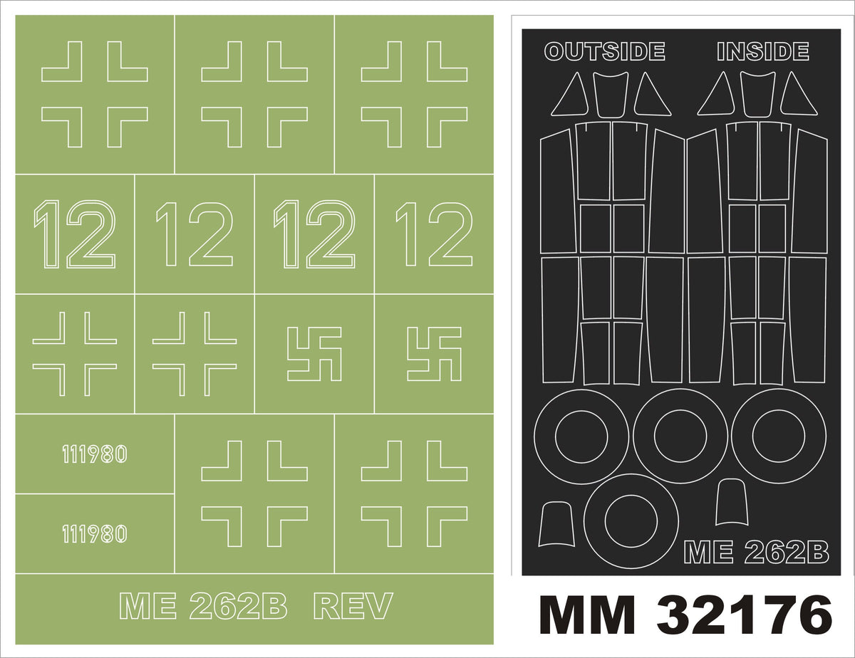 Messerschmitt Me-262B-1 2 canopy frame paint masks (inside & outside) + insignia and markings masks 	 (designed to be used with Revell kits)
