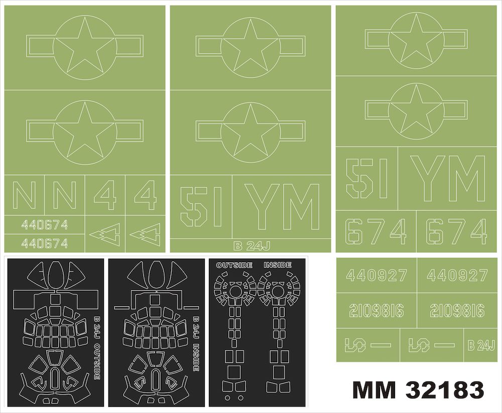 Consolidated B-24J Liberator 3 canopy frame paint masks (inside & outside) + insignia and markings masks (designed to be used with Hobby Boss kits)