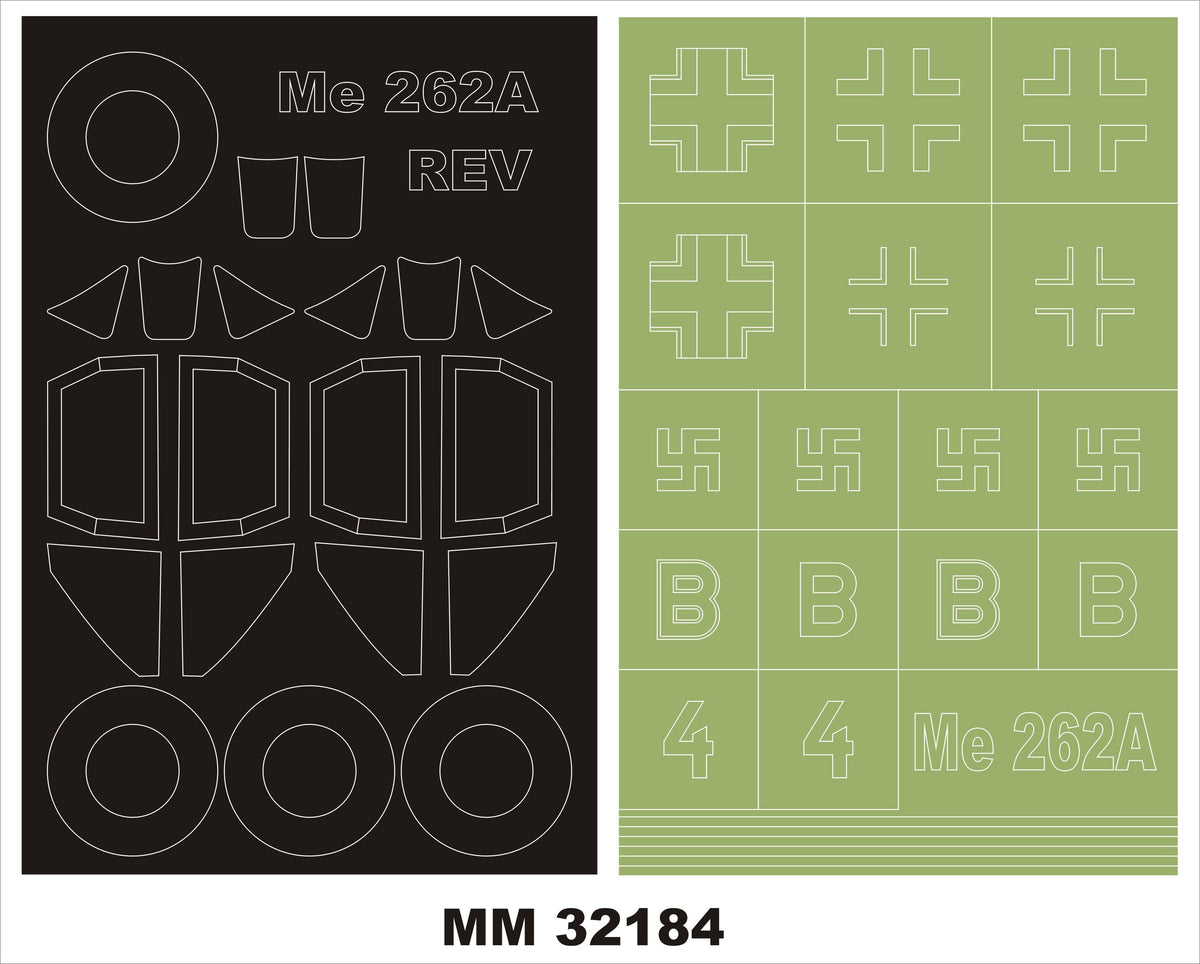 Messerschmitt Me-262A-1 2 canopy frame paint masks (inside & outside) + insignia and markings masks (designed to be used with Revell kits)