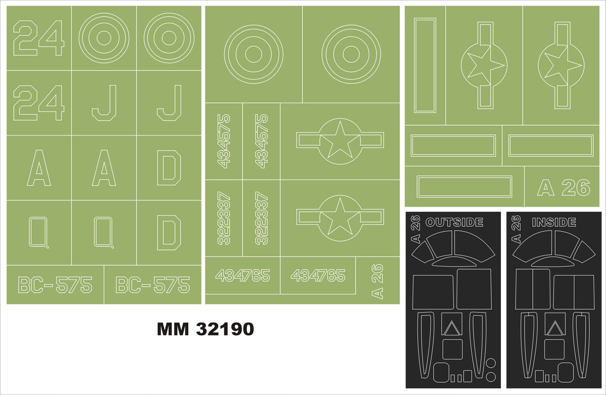 Douglas A-26B Invader 2 canopy frame paint mask (inside & outside) + 3 insignia masks (designed to be used with Hobby Boss kits)