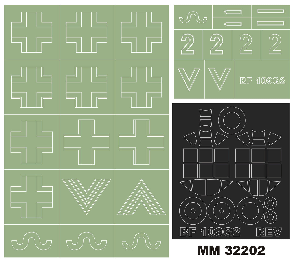 Messerschmitt Bf-109G-2 (designed to be used with (designed to be used with Revell kitskits) RV3829	2 canopy frame paint masks (inside & outside) + 2 insignia masks