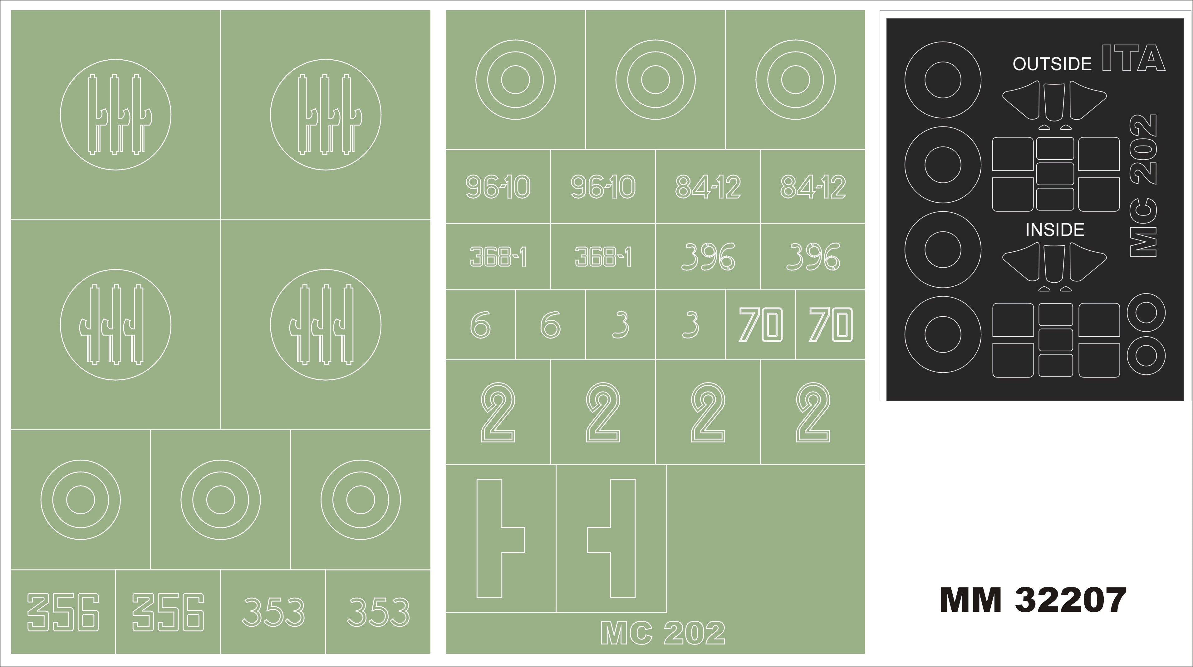 Macchi C.202 Folgore 2 canopy frame paint masks (inside & outside) + 2 insignia masks (designed to be used with Italeri kits)