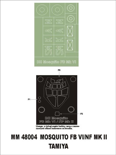 de Havilland Mosquito Mk.VI / NF.II 1 canopy frame paint masks (outside only) + insignia and markings masks (designed to be used with Tamiya kits)
