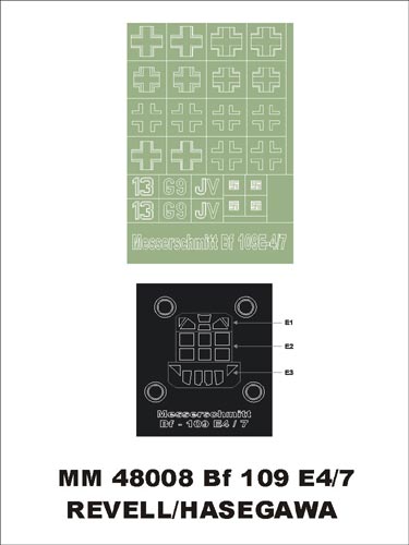 Messerschmitt Bf-109E-4/Bf-109E-7 1 canopy frame paint masks (outside only) + insignia and markings masks (designed to be used with Revell kits)[Bf-109E-4/7]