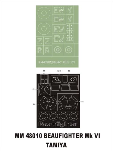 Bristol Beaufighter Mk.VI 1 canopy frame paint masks (outside only) + insignia and markings masks (designed to be used with Tamiya kits)