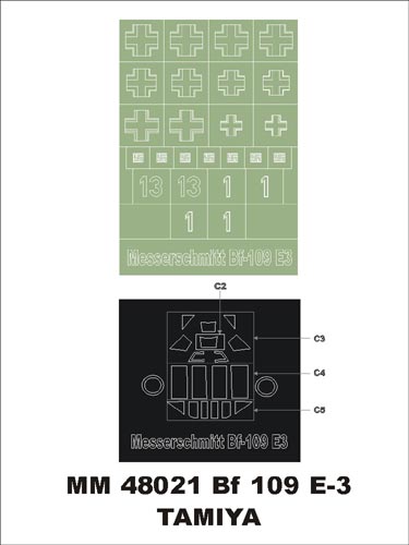 Messerschmitt Bf-109E-3 canopy frame paint masks (inside and outside) + insignia and markings masks (designed to be used with Tamiya kits)