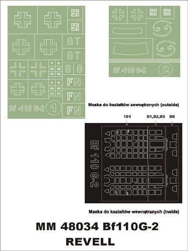 Messerschmitt Bf-110G-2 canopy frame paint masks (inside and outside) insignia and markings masks (designed to be used with Revell kits)