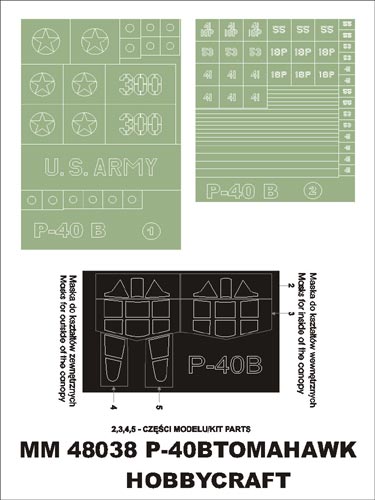 Curtiss P-40B Tomahawk canopy frame paint masks (inside and outside) insignia and markings masks (designed to be used with Hobbycraft kits)