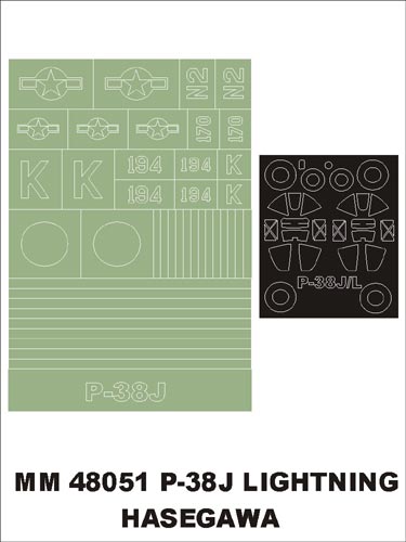 Lockheed P-38J Lightning canopy frame paint masks (inside and outside) + insignia and markings masks (designed to be used with Hasegawa kits)
