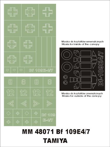 Messerschmitt Bf-109E-4/7 canopy frame paint masks (inside and outside) insignia and markings masks (designed to be used with Tamiya kits)