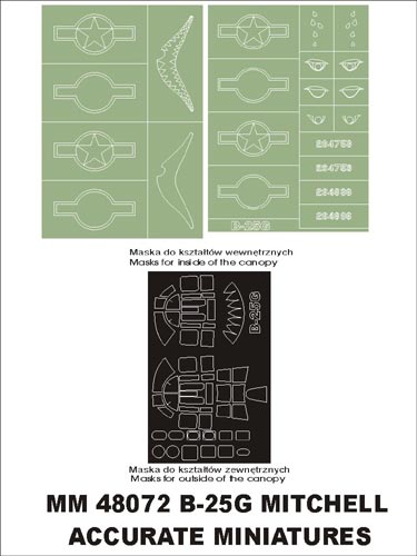North-American B-25G Mitchell canopy frame paint masks (inside and outside) insignia and markings masks (designed to be used with Acc.Miniatures kits)