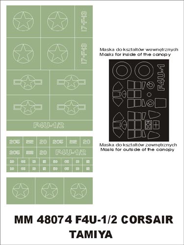 Vought F4U-1 Corsair canopy frame paint masks (inside and outside) insignia and markings masks (designed to be used with Tamiya kits)