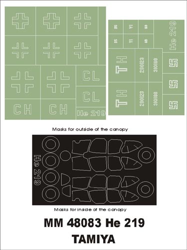 Heinkel He-219A-7 'Uhu' canopy frame paint masks (inside and outside) insignia and markings masks (designed to be used with Tamiya kits)