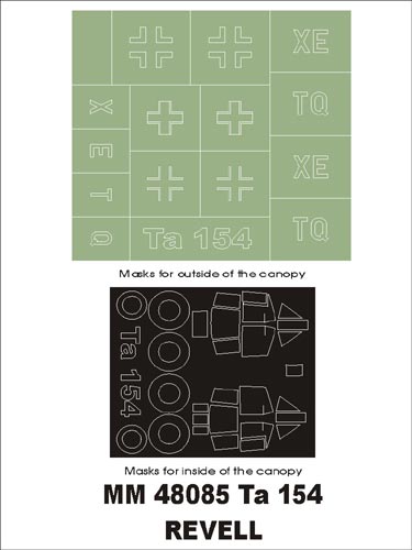 Focke-Wulf Ta-154 canopy frame paint masks (inside and outside) + insignia and markings masks (designed to be used with Dragon and Revell kits)