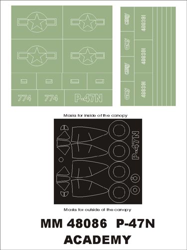 Republic P-47N Thunderbolt canopy frame paint masks (inside and outside) insignia and markings masks (designed to be used with Academy kits)