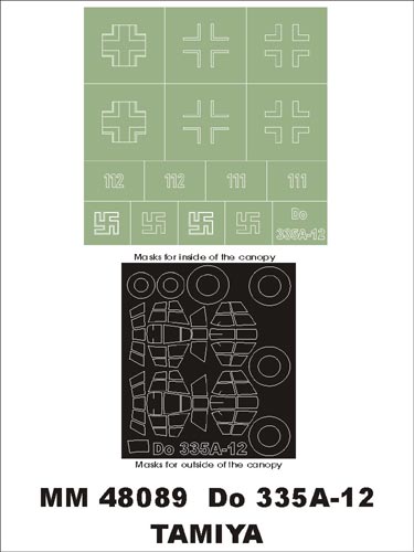Dornier Do-335A-12 canopy frame paint masks (inside and outside) + insignia and markings masks (designed to be used with Tamiya kits)