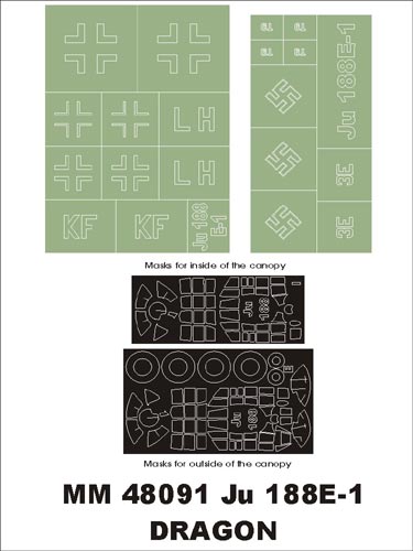 Junkers Ju-188E-1 canopy frame paint masks (inside and outside) insignia and markings masks (designed to be used with Dragon kits)