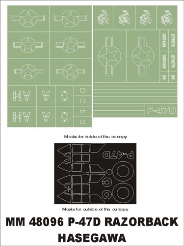 Republic P-47D Thunderbolt 'Razorback' canopy frame paint masks (inside and outside) insignia and markings masks (designed to be used with Hasegawa kits)