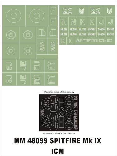 Supermarine Spitfire Mk.IX canopy frame paint masks (inside and outside) insignia and markings masks (designed to be used with ICM UA UK kits)