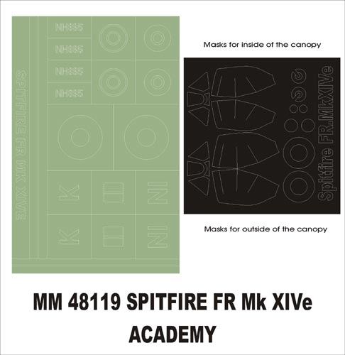 Supermarine Spitfire FR Mk XIVe canopy frame paint masks (inside and outside) + insignia and markings masks (designed to be used with Academy kits)