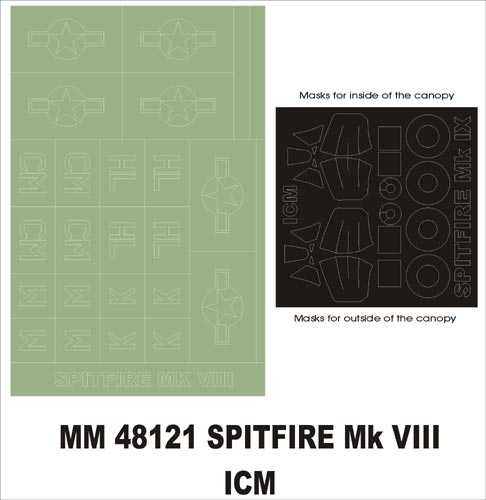Supermarine Spitfire Mk.VIII canopy frame paint masks (inside and outside) + insignia and markings masks (designed to be used with ICM UA UK kits)