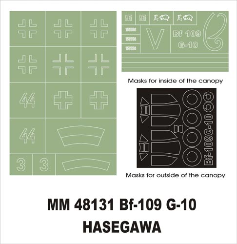 Messerschmitt Bf-109G-10 canopy frame paint masks (inside and outside) insignia and markings masks (designed to be used with Hasegawa kits)