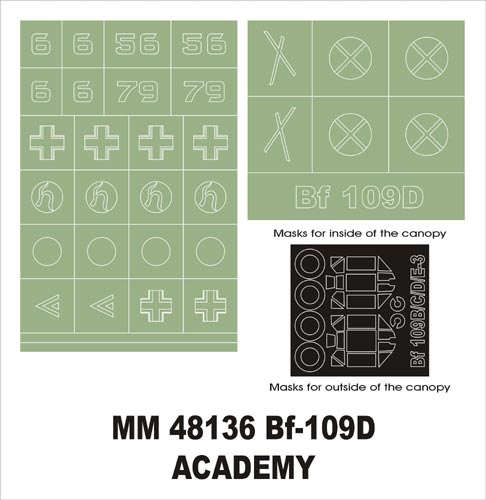 Messerschmitt Bf-109D canopy frame paint masks (inside and outside) insignia and markings masks (designed to be used with Academy kits)