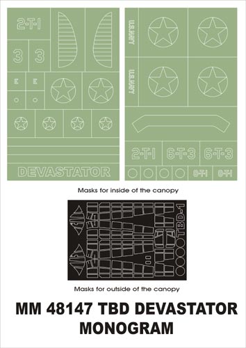 Douglas TBD-1 Devastator canopy frame paint masks (inside and outside) insignia and markings masks (designed to be used with Monogram and Revell kits)