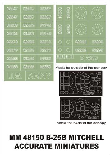 North-American B-25B Mitchell canopy frame paint masks (inside and outside) insignia and markings masks (designed to be used with Accurate Miniatures kits)