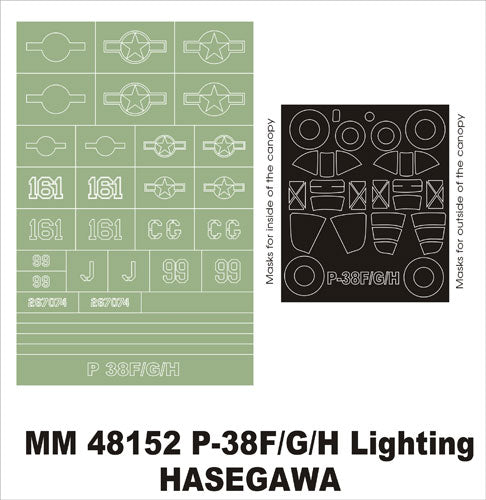Lockheed P-38F/P-38G/P-38H canopy frame paint masks (inside and outside) + insignia and markings masks (designed to be used with Hasegawa kits)