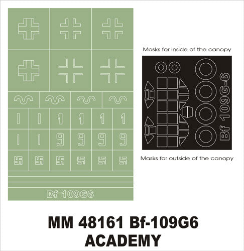 Messerschmitt Bf-109G-6 canopy frame paint masks (inside and outside) + insignia and markings masks (designed to be used with Academy kits)