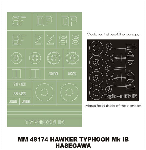 Hawker Typhoon Mk.IB (Bubbletop) canopy frame paint masks (inside and outside) + insignia and markings masks (designed to be used with Hasegawa kits)