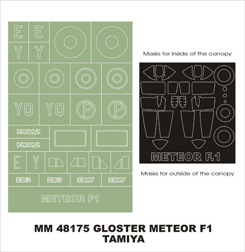 Gloster Meteor F.I canopy frame paint masks (inside and outside) + insignia and markings masks (designed to be used with Tamiya kits)