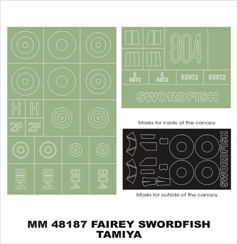 Fairey Swordfish Mk.I/Mk.II canopy frame paint masks (inside and outside) insignia and markings masks (designed to be used with Tamiya kits)