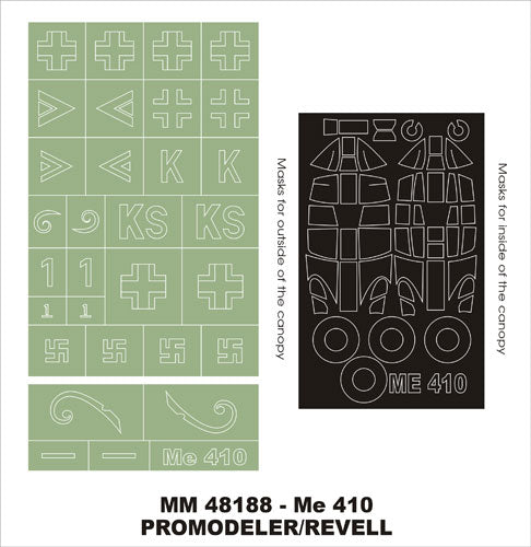 Messerschmitt Me-410B canopy frame paint masks (inside and outside) insignia and markings masks (designed to be used with Promodeler kits)