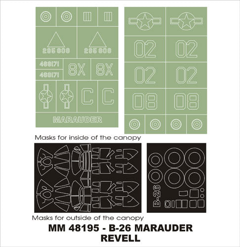 Martin B-26B/B-26G Marauder canopy frame paint masks (inside and outside) insignia and markings masks (designed to be used with Revell kits)