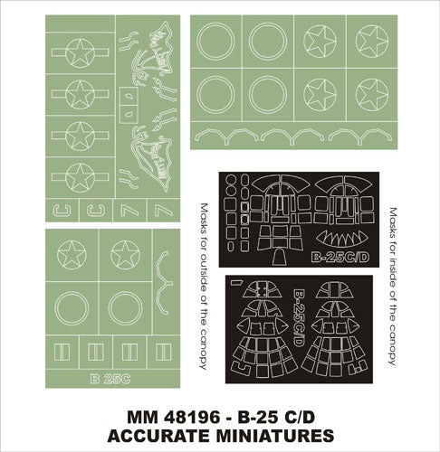 North-American B-25C/D Mitchell canopy frame paint masks (inside and outside) + insignia and markings masks (designed to be used with Accurate Miniatures kits)[North-American B-25C North-American B-25D]