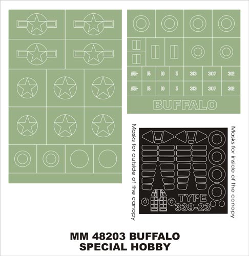 Brewster B-339 Buffalo model 339-23 canopy frame paint masks (inside and outside) insignia and markings masks (designed to be used with Special Hobby kits)